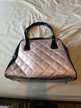 Lux de Ville Quilted Shimmery Pink Satchel with Black Patent Trim